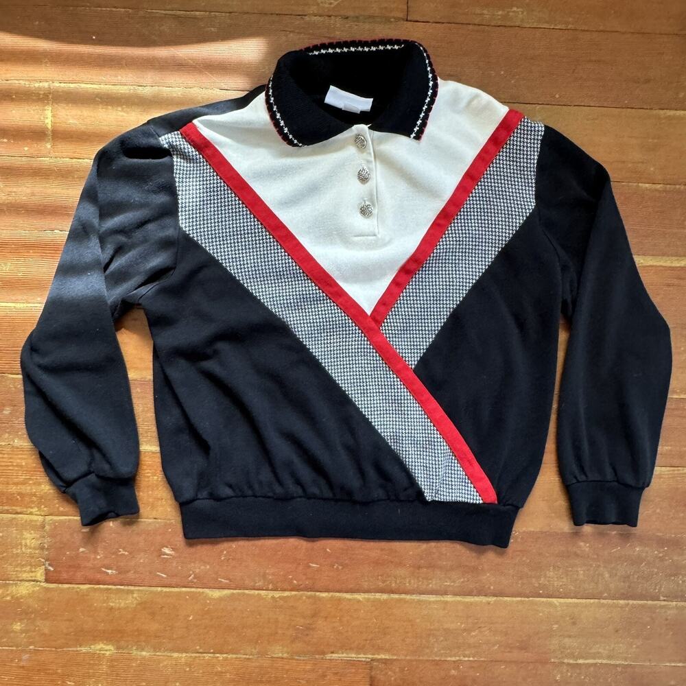 Vintage 80s Alfred Dunner Color Block Collared Sweatshirt Retro Preppy USA S